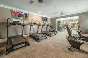 Gulf Breeze apartment for rent - A gym with treadmills and a television showing a football game.