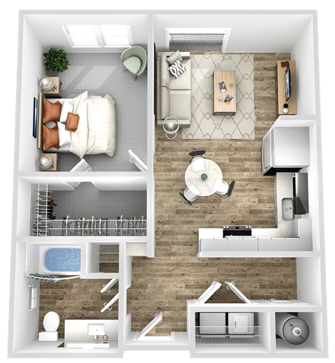 Floor plan for 1 bed, 1 bath, 686 sqft
