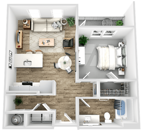Floor plan for 1 bed, 1 bath, 798 sqft