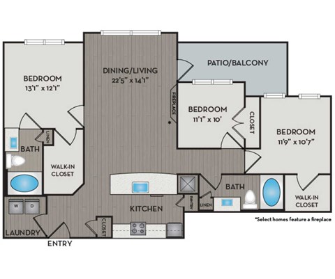 Floor plan for 3 beds, 2 baths, 1302 sqft