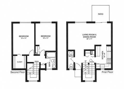 Floor plan for 2 beds, 1.5 baths, 920 sqft