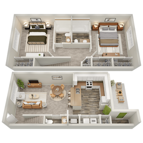 Floor plan for 2 beds, 2.5 baths, 1256 sqft