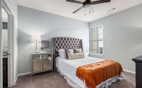 Wyoming apartment for rent - Two-Bedroom Apartments in Wyoming, MI - The Haven Apartments - Spacious Living Room With Tray Ceiling, Ceiling Fan, Large Window, Balcony Door, Dark Wood Flooring, And Modern Seating.