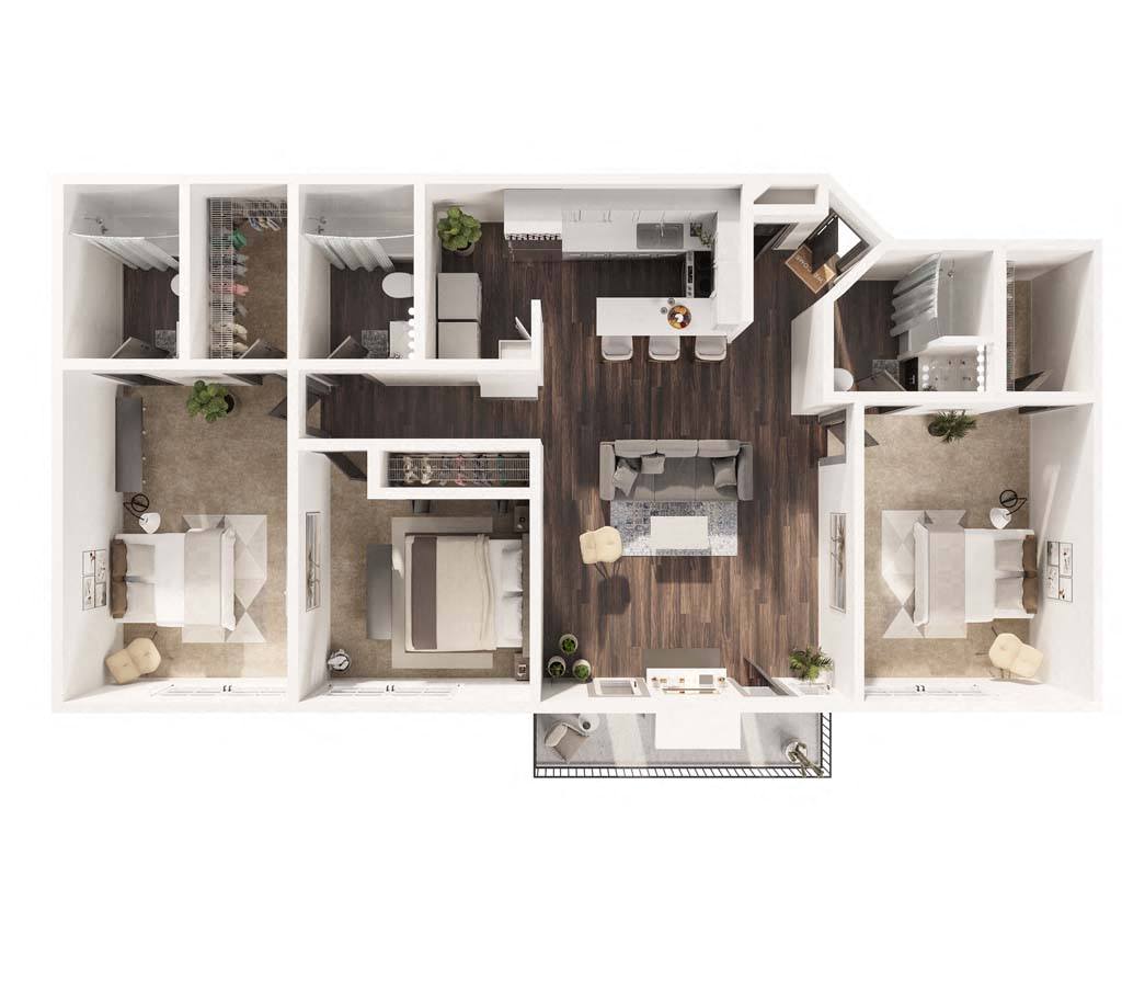 Floor plan for 3 beds, 3 baths, 1304 sqft