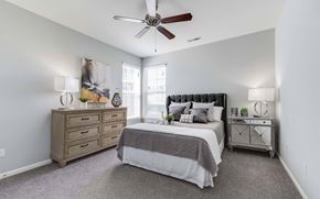 Kalamazoo apartment for rent - One-Bedroom Apartments in Kalamazoo, MI - Parkway Flats - Bedroom with High Ceilings, Ceiling Fan, Bed, Dresser, Nightstand, Lamps, Decorative Plants, Large Wall Art, Carpet Flooring, and 2 Corner Windows with Wood-Style Blinds.