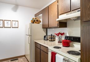 Saginaw apartment for rent - a kitchen with wooden cabinets and a white stove top oven  at Pheasant Run, Saginaw, MI