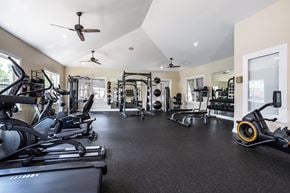 Lagrange apartment for rent - A spacious gym with a variety of equipment including treadmills, elliptical machines, and weights.