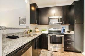 Grand Rapids apartment for rent - Apartments in Grand Rapids, MI, WIth In-Unit Washer and Dryer - Knapp’s Corner Flats - Kitchen with Wood-Style Vinyl Plank Flooring, 9-Foot Ceiling, Custom Pendant Lighting, Espresso Kitchen Cabinetry, Stainless-Steel Appliances, Wall Art, Rug, Breakfast Bar, Single Sink, and Gooseneck Faucet Featuring a Pull-Down Sprayer.