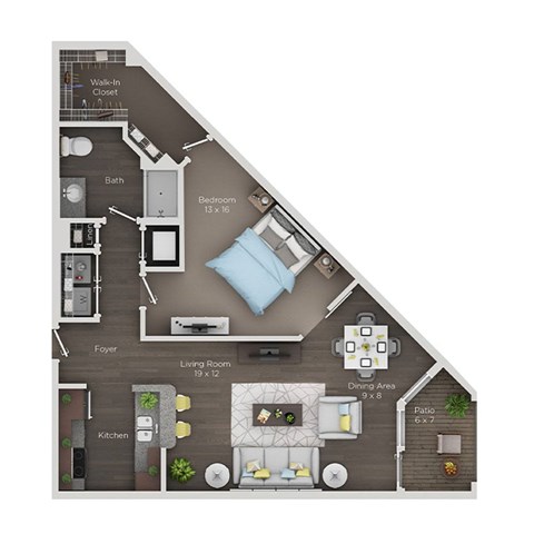 Floor plan for 1 bed, 1 bath, 775 sqft