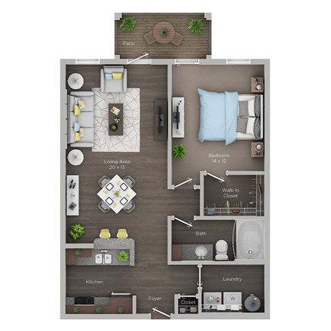 Floor plan for 1 bed, 1 bath, 805 sqft