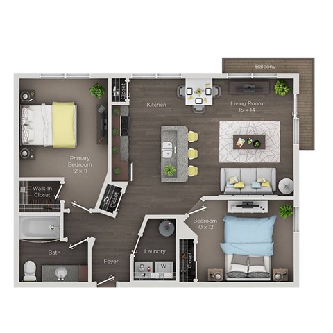Floor plan for 2 beds, 1 bath, 905 sqft