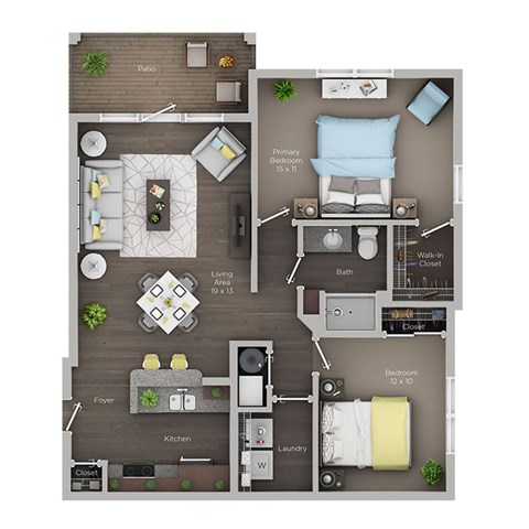 Floor plan for 2 beds, 1 bath, 933 sqft