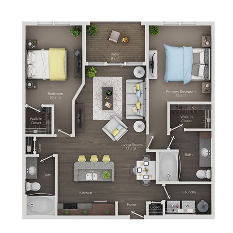 Floor plan for 2 beds, 2 baths, 1045 sqft