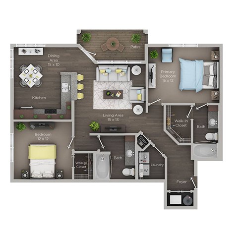 Floor plan for 2 beds, 2 baths, 1153 sqft