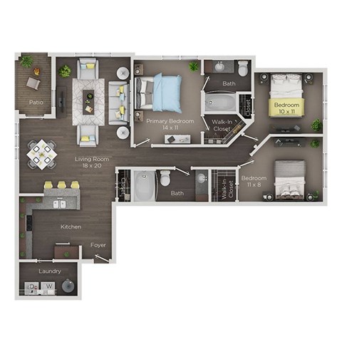 Floor plan for 3 beds, 2 baths, 1292 sqft