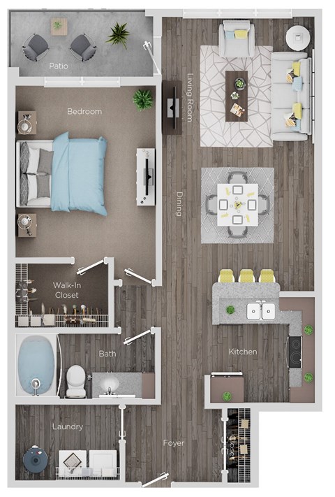 Floor plan for 1 bed, 1 bath, 842 sqft