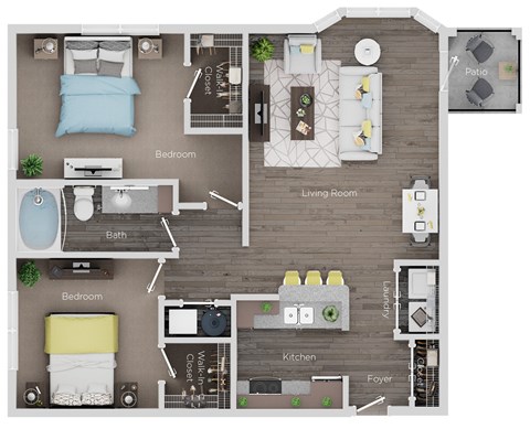 Floor plan for 2 beds, 1 bath, 991 sqft