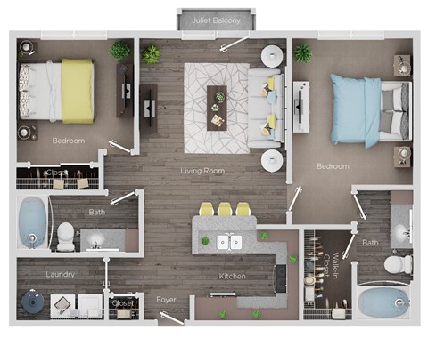 Floor plan for 2 beds, 2 baths, 953 sqft