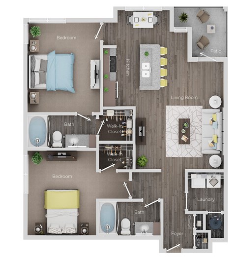 Floor plan for 2 beds, 2 baths, 1101 sqft