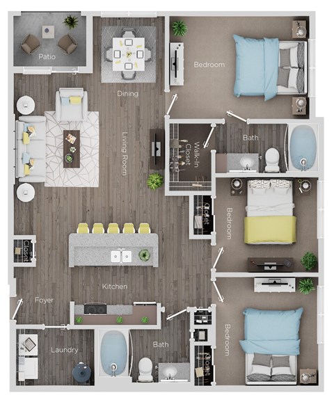 Floor plan for 3 beds, 2 baths, 1281 sqft