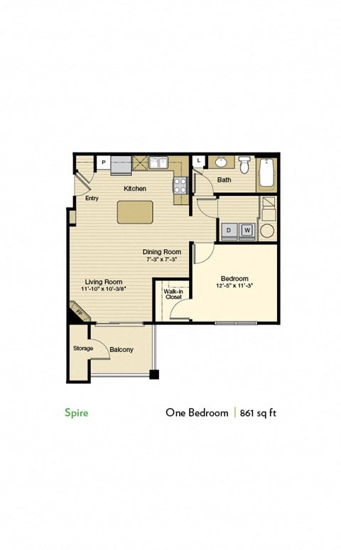 Floor plan for 1 bed, 1 bath, 861 sqft