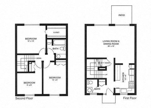 Floor plan for 3 beds, 1.5 baths, 1110 sqft