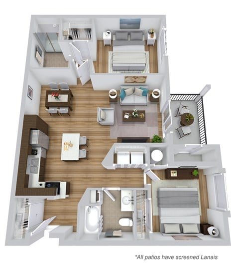 Floor plan for 2 beds, 2 baths, 1267 sqft