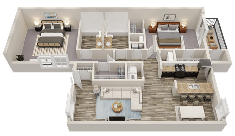 Floor plan for 2 beds, 2 baths, 1102 sqft