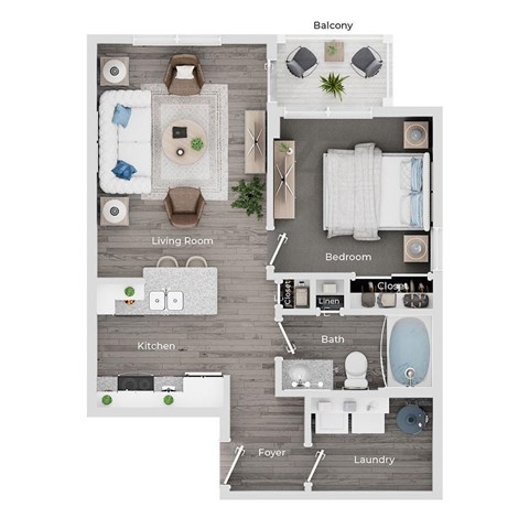Floor plan for 1 bed, 1 bath, 631 sqft