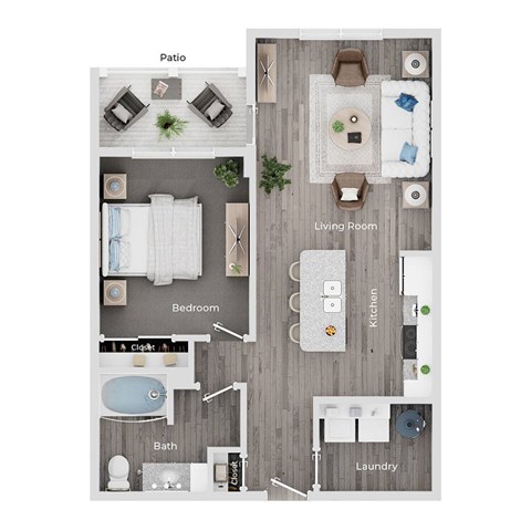 Floor plan for 1 bed, 1 bath, 740 sqft