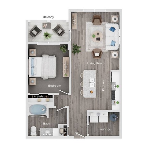 Floor plan for 1 bed, 1 bath, 740 sqft