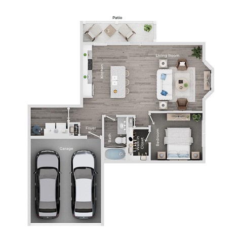 Floor plan for 1 bed, 1 bath, 837 sqft
