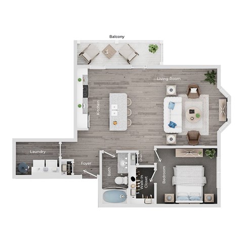 Floor plan for 1 bed, 1 bath, 837 sqft