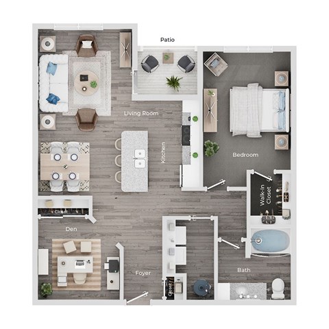 Floor plan for 1 bed, 1 bath, 967 sqft