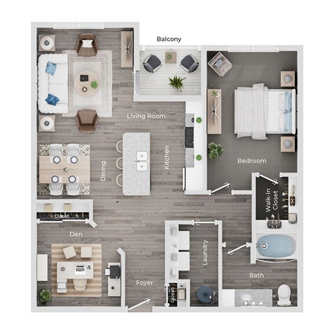 Floor plan for 1 bed, 1 bath, 967 sqft