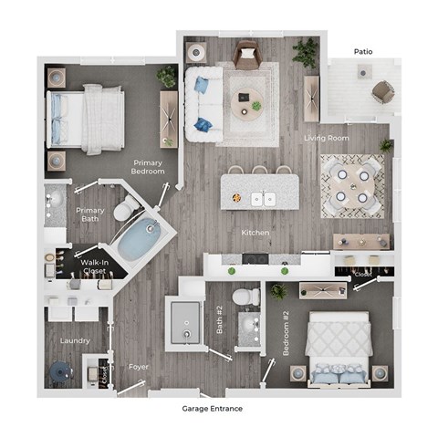 Floor plan for 2 beds, 2 baths, 1039 sqft
