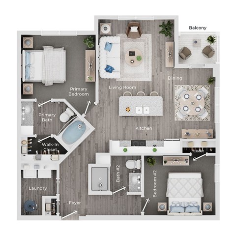 Floor plan for 2 beds, 2 baths, 1039 sqft