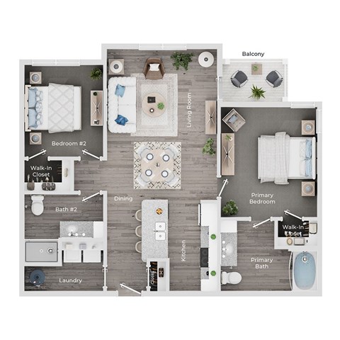 Floor plan for 2 beds, 2 baths, 1070 sqft