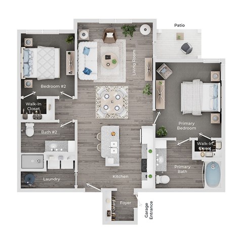 Floor plan for 2 beds, 2 baths, 1104 sqft