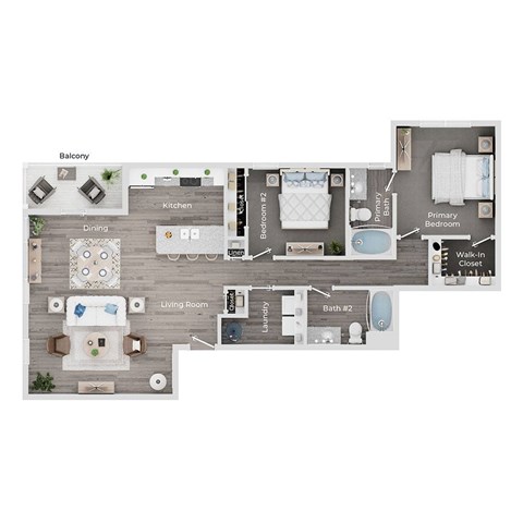 Floor plan for 2 beds, 2 baths, 1226 sqft