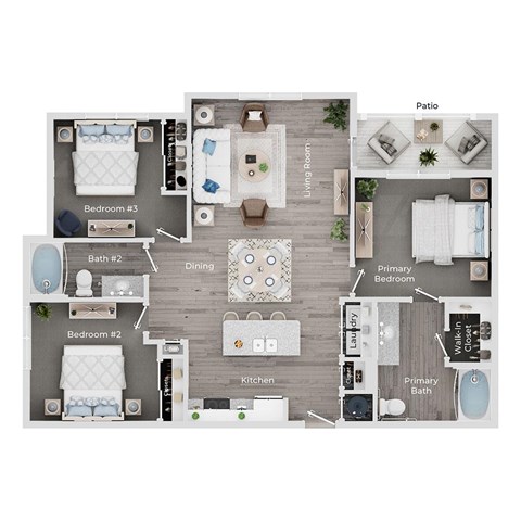 Floor plan for 3 beds, 2 baths, 1240 sqft