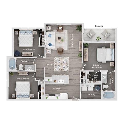 Floor plan for 3 beds, 2 baths, 1240 sqft