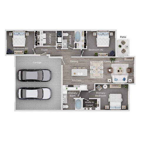 Floor plan for 3 beds, 2 baths, 1449 sqft