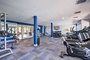 A gym with a variety of equipment including a treadmill