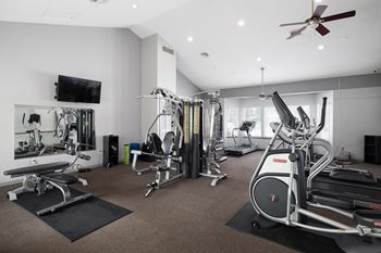 A gym with a row of treadmills and exercise bikes