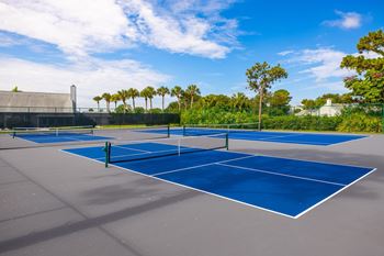 A tennis court with a net and two courts side by side
