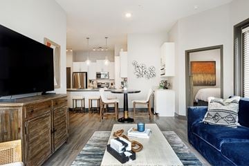 Franklin apartment for rent - A living room with a blue couch and a television on a wooden cabinet.