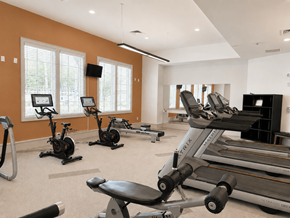 Jacksonville apartment for rent - A gym with a variety of exercise equipment including treadmills, stationary bikes, and weight machines.