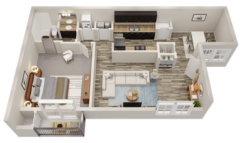 Floor plan for 1 bed, 1 bath, 764 sqft