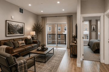 Bozeman apartment for rent - A living room with a brown couch and a coffee table.